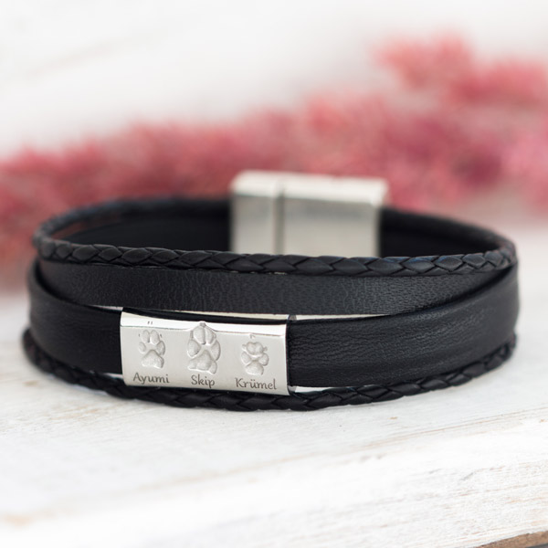 Pfotenabdruck Armband Leder Edelstahl graviert Pfotenabdruck Armband Leder Edelstahl graviert